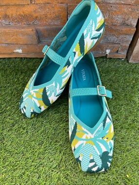 VIVAIA SIZE EU 37 Margot square-toe Mary Jane flats turquoise tropical foliage